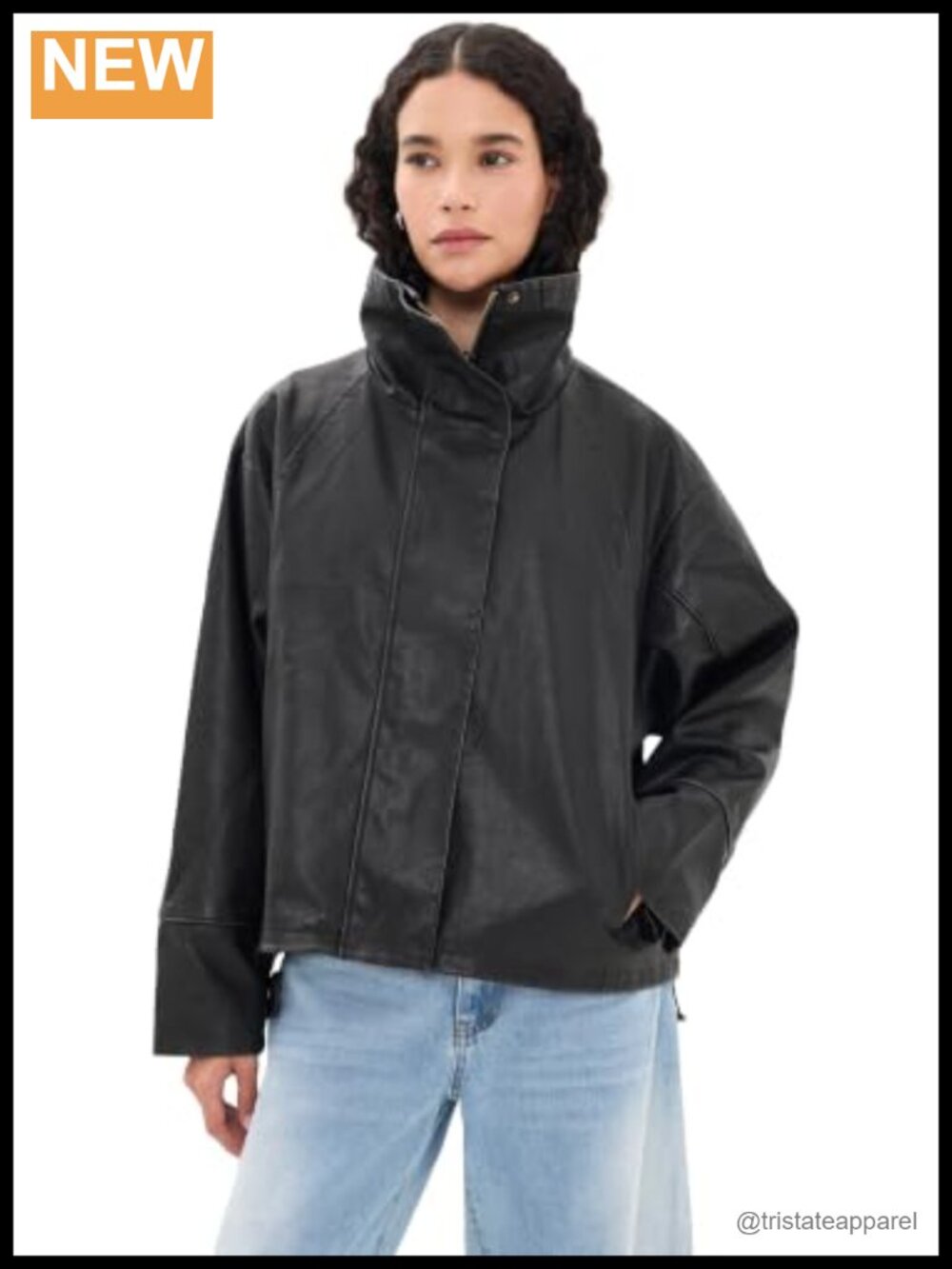 Women's Faux Leather Funnel Jacket, Drawstring Hem Casual Coat